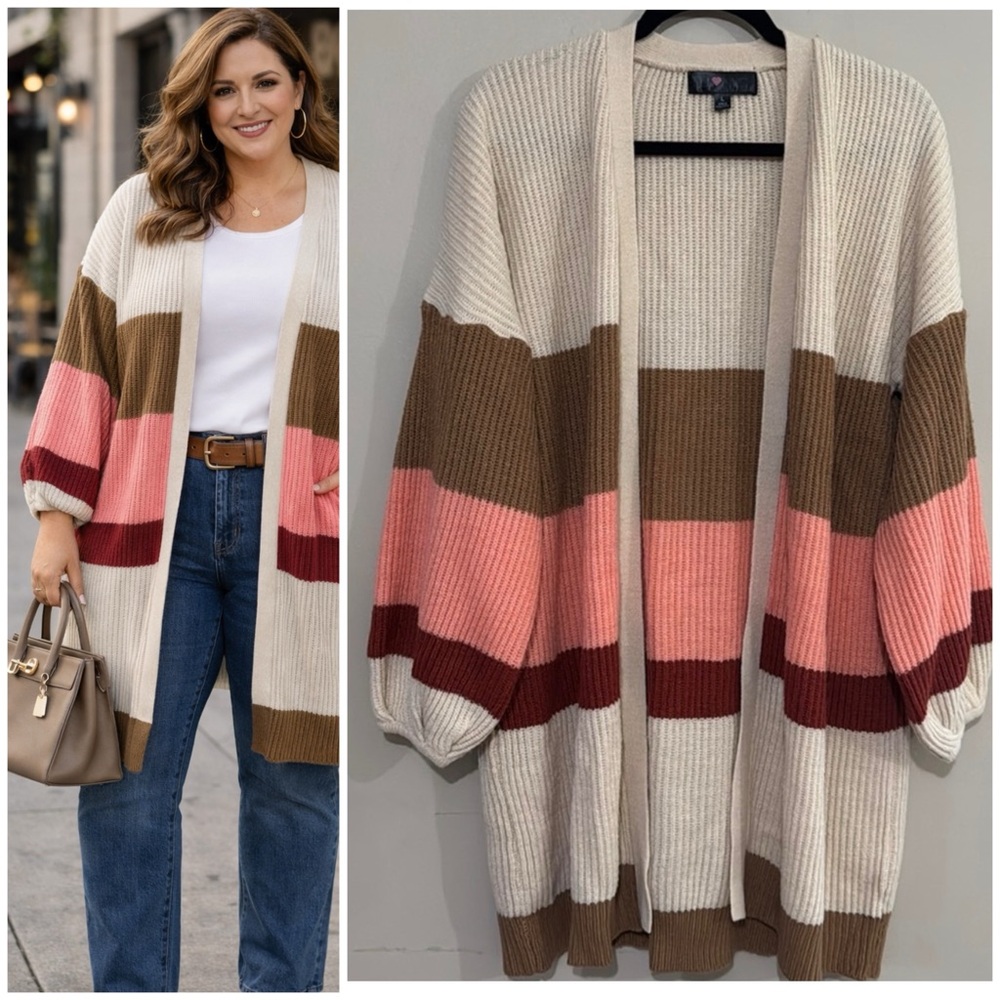 LUNYC Colorful Striped Open Cardigan Sweater Women's Size Large Nautical Spring